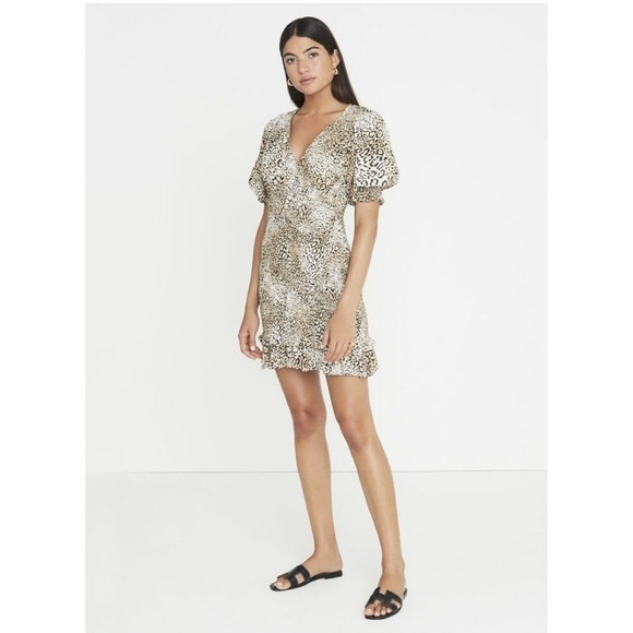 Faithfull The Brand Margherita Signe Animal Print Smocked Mini Dress Medium NWT - Picture 2 of 16